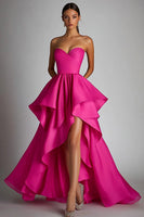 Laden Sie das Bild in den Galerie-Viewer, Herzausschnitt Fuchsia A Linie Rüschen High Low Ballkleid