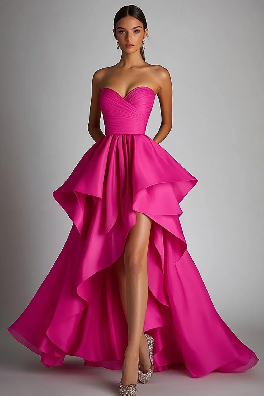 Herzausschnitt Fuchsia A Linie Rüschen High Low Ballkleid