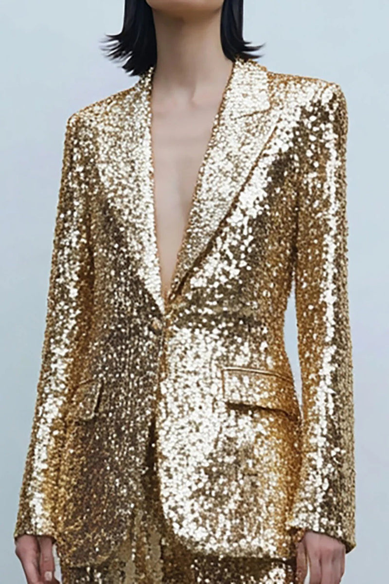 Laden Sie das Bild in den Galerie-Viewer, Glitzernde Goldene 2-teilige Gipfelrevers Damen Ballanzüge