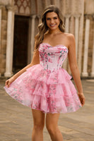 Laden Sie das Bild in den Galerie-Viewer, A-Linie Wasserfallausschnitt Gestuftes Trägerloses Korsett Cocktailkleid mit Blumendruck