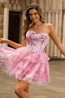 Laden Sie das Bild in den Galerie-Viewer, A-Linie Wasserfallausschnitt Gestuftes Trägerloses Korsett Cocktailkleid mit Blumendruck