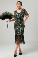 Laden Sie das Bild in den Galerie-Viewer, Glitzerndes Flapper Kleid aus den 1920er Jahren Schwarzes Goldenes Paillettenkleid mit Fransen