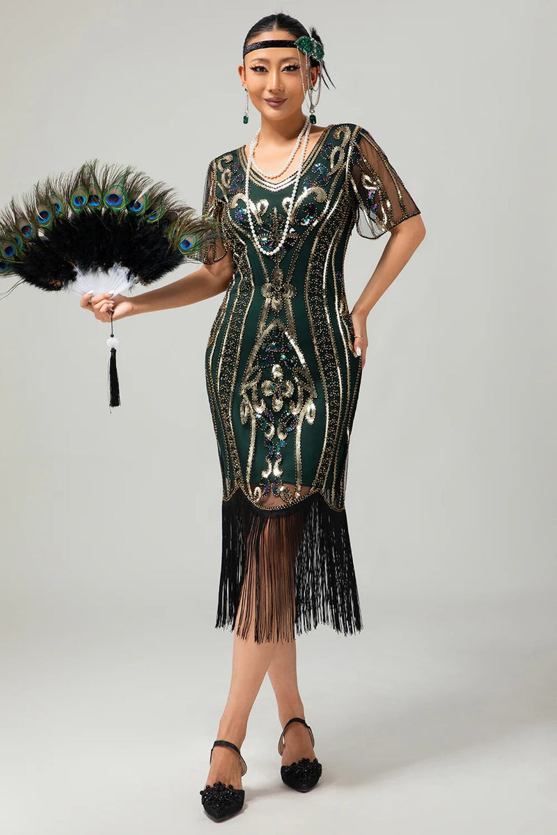 Laden Sie das Bild in den Galerie-Viewer, Glitzerndes Flapper Kleid aus den 1920er Jahren Schwarzes Goldenes Paillettenkleid mit Fransen