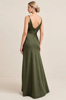 Laden Sie das Bild in den Galerie-Viewer, Olive Maxi Brautjungfernkleid aus Satin mit Schlitz