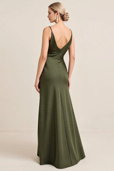 Olive Maxi Brautjungfernkleid aus Satin mit Schlitz