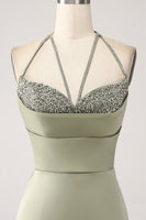 Laden Sie das Bild in den Galerie-Viewer, Etui Armeegrün V-Ausschnitt Perlen langes Ballkleid mit Schlitz