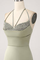 Laden Sie das Bild in den Galerie-Viewer, Etui Armeegrün V-Ausschnitt Perlen langes Ballkleid mit Schlitz