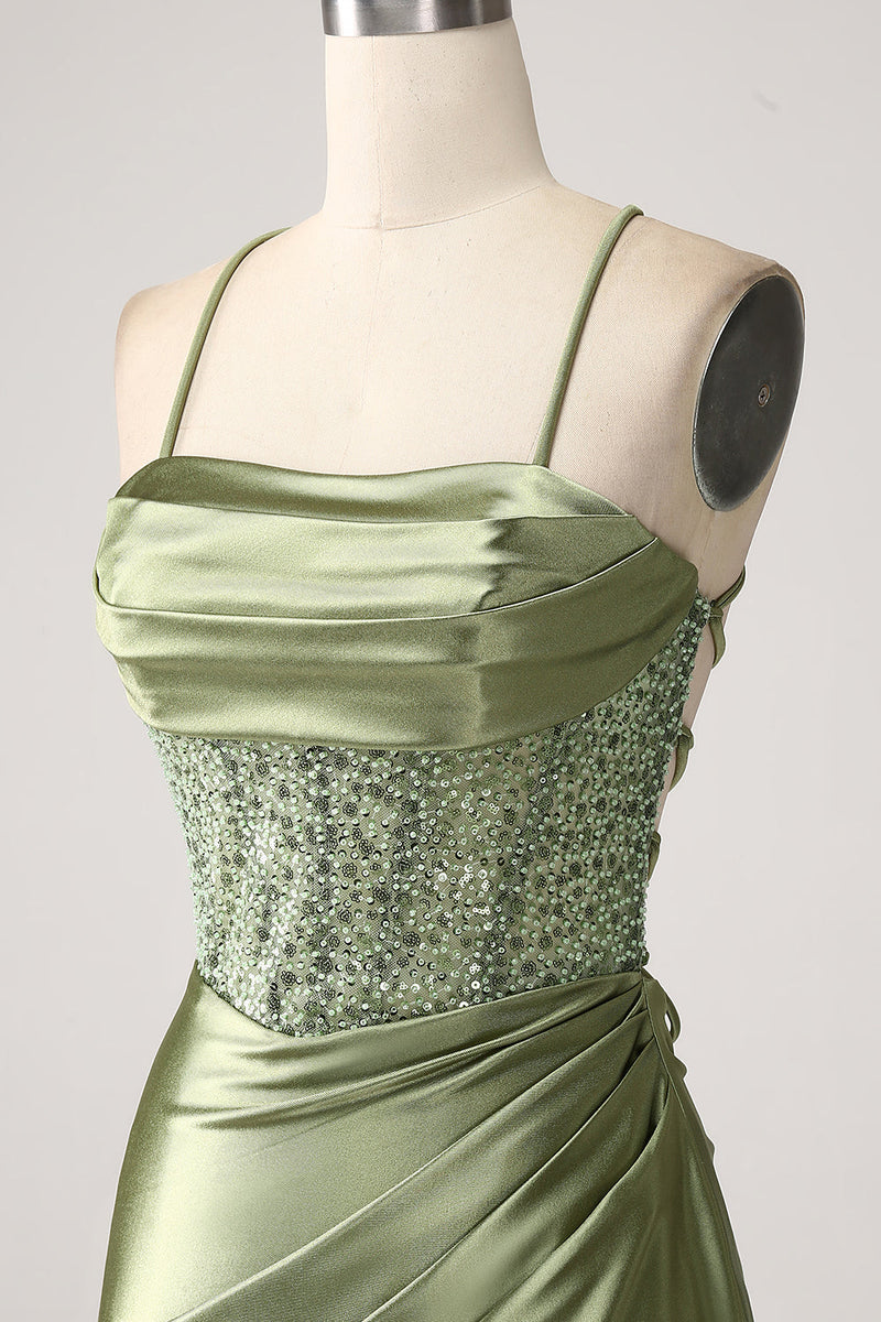 Laden Sie das Bild in den Galerie-Viewer, Armeegrünes Meerjungfrauen Pailletten langes Ballkleid mit Schlitz