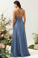 Laden Sie das Bild in den Galerie-Viewer, Grau Blaues Neckholder A Linie Langes Brautjungfernkleid