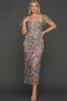 Laden Sie das Bild in den Galerie-Viewer, Mauve Blumen Tüll Scheide Midi Hochzeitsgast Kleid mit Ärmeln