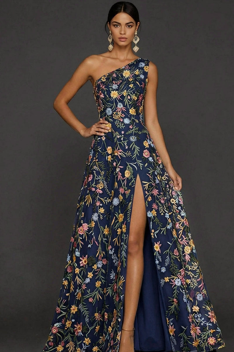 Laden Sie das Bild in den Galerie-Viewer, Blumen Mauve Einschulter A-Linie Langes Ballkleid mit Schlitz