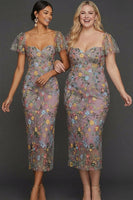 Laden Sie das Bild in den Galerie-Viewer, Mauve Blumen Tüll Scheide Midi Hochzeitsgast Kleid mit Ärmeln