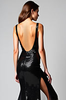 Laden Sie das Bild in den Galerie-Viewer, Meerjungfrau Schwarzes Ballkleid mit tiefem V-Ausschnitt und Schlitz