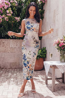Laden Sie das Bild in den Galerie-Viewer, Tüll Schwarzes Bodycon Illusion Hals Gerafftes Blumen Midi-Kleid