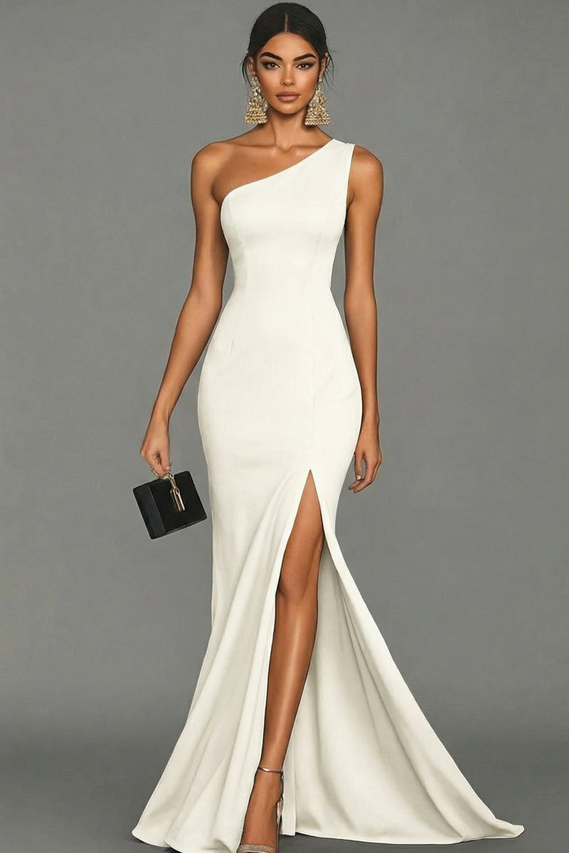Laden Sie das Bild in den Galerie-Viewer, Meerjungfrau Schwarzes formelles One-Shoulder-Kleid mit Schlitz