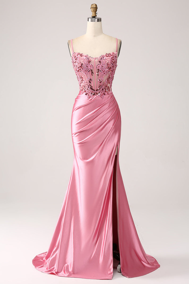 ZAPAKA Damen Rosa Satin Meerjungfrau Korsett Ballkleid mit Schlitz und ...