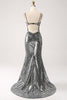 Laden Sie das Bild in den Galerie-Viewer, Schwarzes glitzerndes Meerjungfrauen Spaghettiträger Korsett Ballkleid mit Schlitz