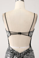 Laden Sie das Bild in den Galerie-Viewer, Schwarzes glitzerndes Meerjungfrauen Spaghettiträger Korsett Ballkleid mit Schlitz