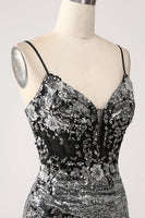 Laden Sie das Bild in den Galerie-Viewer, Schwarzes glitzerndes Meerjungfrauen Spaghettiträger Korsett Ballkleid mit Schlitz