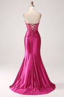 Laden Sie das Bild in den Galerie-Viewer, Fuchsia Mermaid Herzausschnitt Plissee Langes korsett Satin Ballkleid mit Schlitz