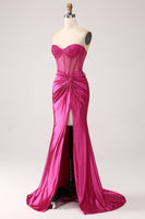 Laden Sie das Bild in den Galerie-Viewer, Fuchsia Mermaid Herzausschnitt Plissee Langes korsett Satin Ballkleid mit Schlitz