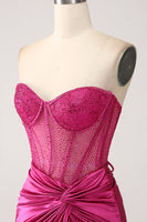 Laden Sie das Bild in den Galerie-Viewer, Fuchsia Mermaid Herzausschnitt Plissee Langes korsett Satin Ballkleid mit Schlitz