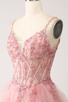 Laden Sie das Bild in den Galerie-Viewer, Blush A-Linie Spaghettiträger gestuftes Tüllkorsett Langes Ballkleid