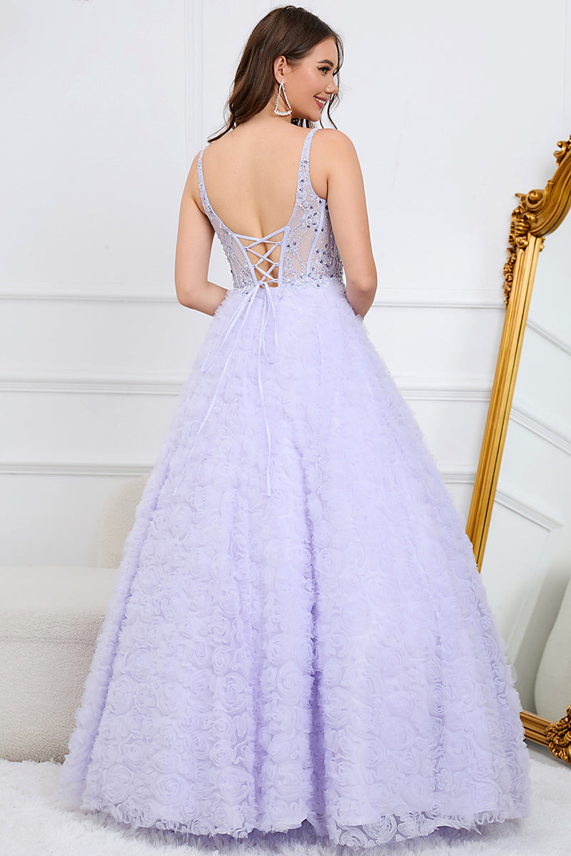 Laden Sie das Bild in den Galerie-Viewer, Prinzessin A-Linie V-Ausschnitt lila langes Ballkleid mit 3D-Blumen