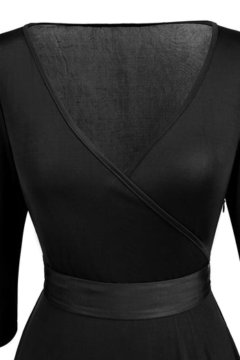 Schwarzes Vintage 1950er Jahre Kleid mit Schärpe