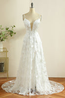Laden Sie das Bild in den Galerie-Viewer, Weißes Spaghettiträger Boho Brautkleid mit Schlitz
