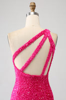 Laden Sie das Bild in den Galerie-Viewer, Mermaid Eine Schulter Fuchsia Pailletten Langes Ballkleid mit Schlitz
