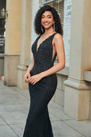 Laden Sie das Bild in den Galerie-Viewer, Glitzerndes Langes Meerjungfrauen Spitze Abendkleid mit tiefem V-Ausschnitt mit Perlen