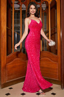 Laden Sie das Bild in den Galerie-Viewer, Glitzerndes Langes Meerjungfrauen fuchsia Spaghettiträger V-Ausschnitt Pailletten Ballkleid mit Schlitz