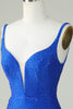 Laden Sie das Bild in den Galerie-Viewer, Bodycon Kurzes Königsblaues Cocktailkleid mit tiefem V-Ausschnitt und Perlenstickerei