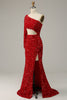 Laden Sie das Bild in den Galerie-Viewer, Meerjungfrau eine Schulter rote Pailletten ausgeschnitten Ballkleid mit Schlitz
