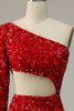 Laden Sie das Bild in den Galerie-Viewer, Meerjungfrau eine Schulter rote Pailletten ausgeschnitten Ballkleid mit Schlitz