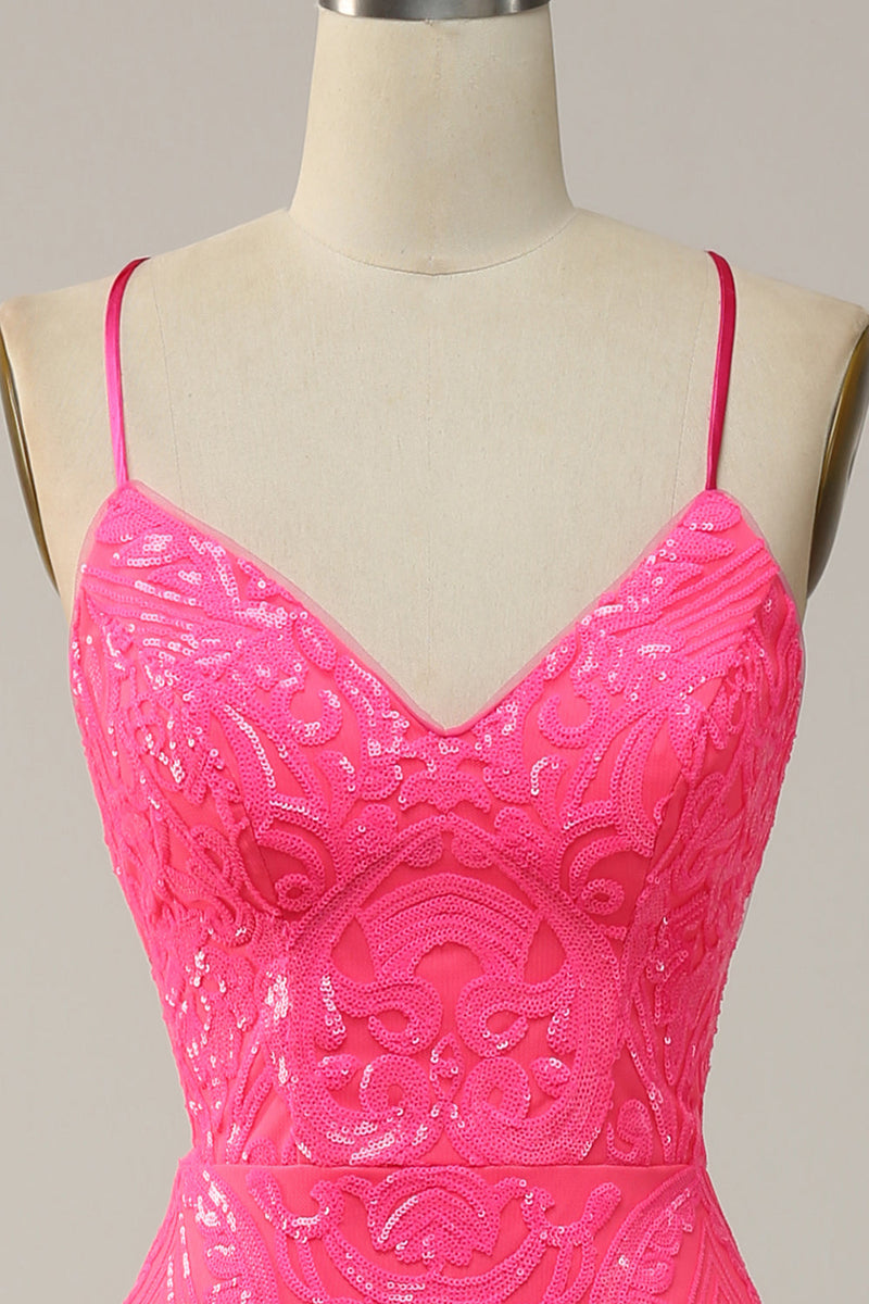 Laden Sie das Bild in den Galerie-Viewer, Meerjungfrau Spaghettiträger Pailletten Pink Langes Ballkleid