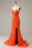 Laden Sie das Bild in den Galerie-Viewer, Meerjungfrau Spaghettiträger Orange langes Ballkleid mit Schlitz