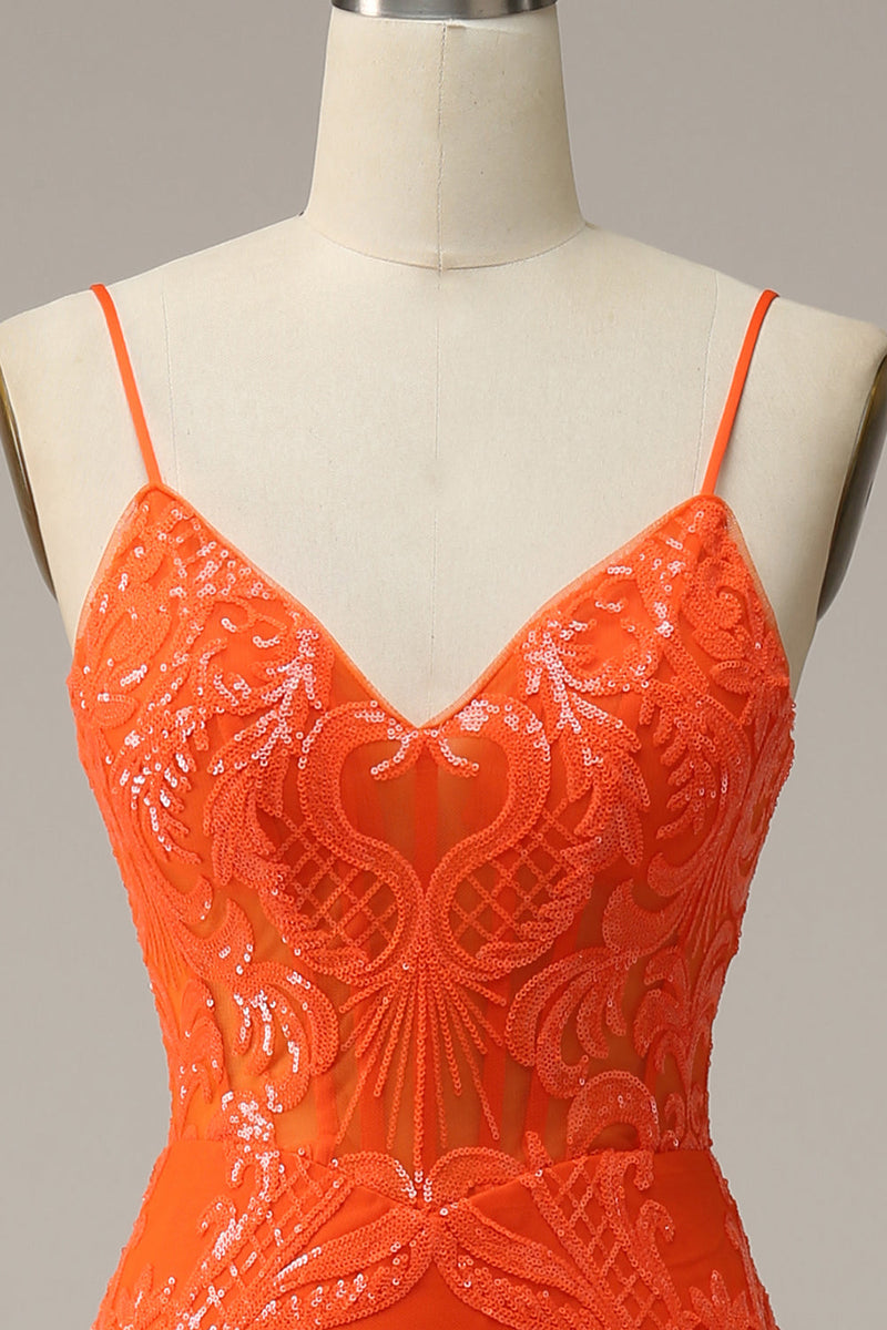 Laden Sie das Bild in den Galerie-Viewer, Meerjungfrau Spaghettiträger Orange langes Ballkleid mit Schlitz