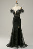 Laden Sie das Bild in den Galerie-Viewer, Meerjungfrau Schulterfreies schwarzes langes Ballkleid mit Feder