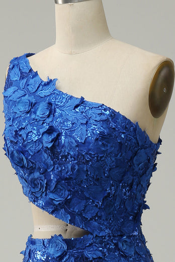 Meerjungfrau Eine Schulter Königsblaues Pailletten Ausgeschnittenes Ballkleid mit Schlitz