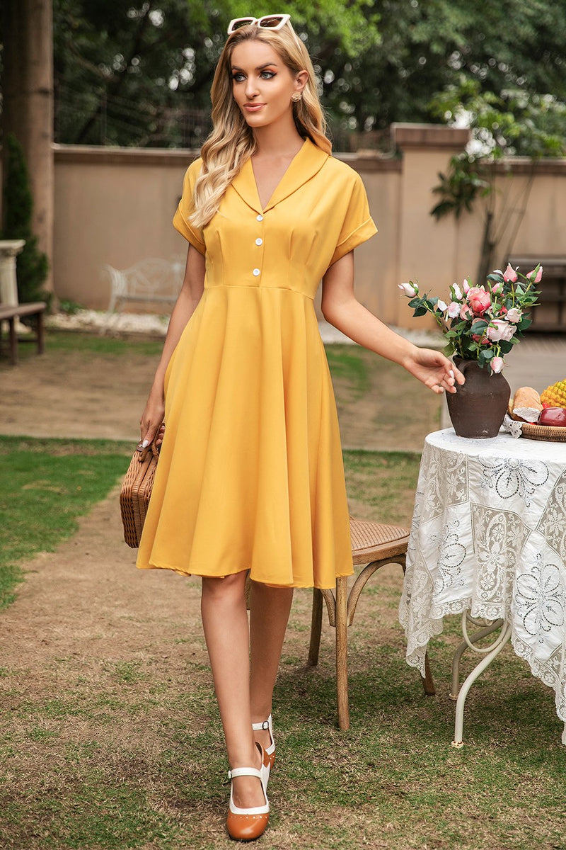Laden Sie das Bild in den Galerie-Viewer, Elegantes gelbe V Hals Vintage Kleid