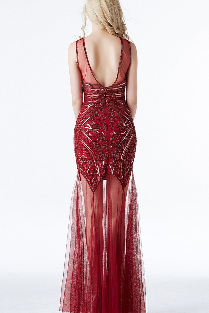Laden Sie das Bild in den Galerie-Viewer, Rot Paillette Lang Tüll 1920er Kleid