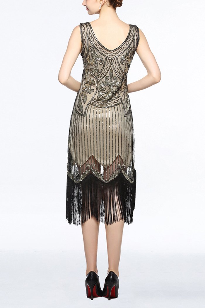 Laden Sie das Bild in den Galerie-Viewer, Damen Gold V-Ausschnitt 1920er Franse Paillette Flapper Kleid