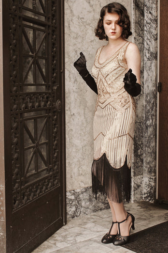 1920er Jahre Champagner Fransen Pailletten Kleid