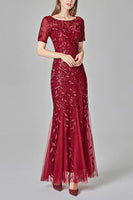 Laden Sie das Bild in den Galerie-Viewer, Mermaid Rotes Ballkleid mit Kurzen Ärmeln