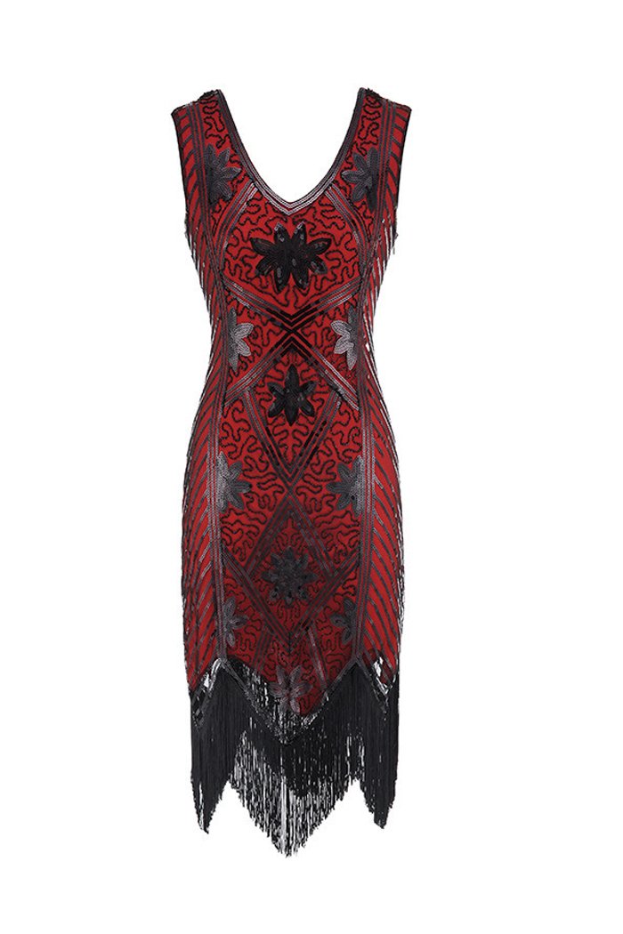 Laden Sie das Bild in den Galerie-Viewer, Rot Pailletten Strass V-Ausschnitt 1920er Kleid