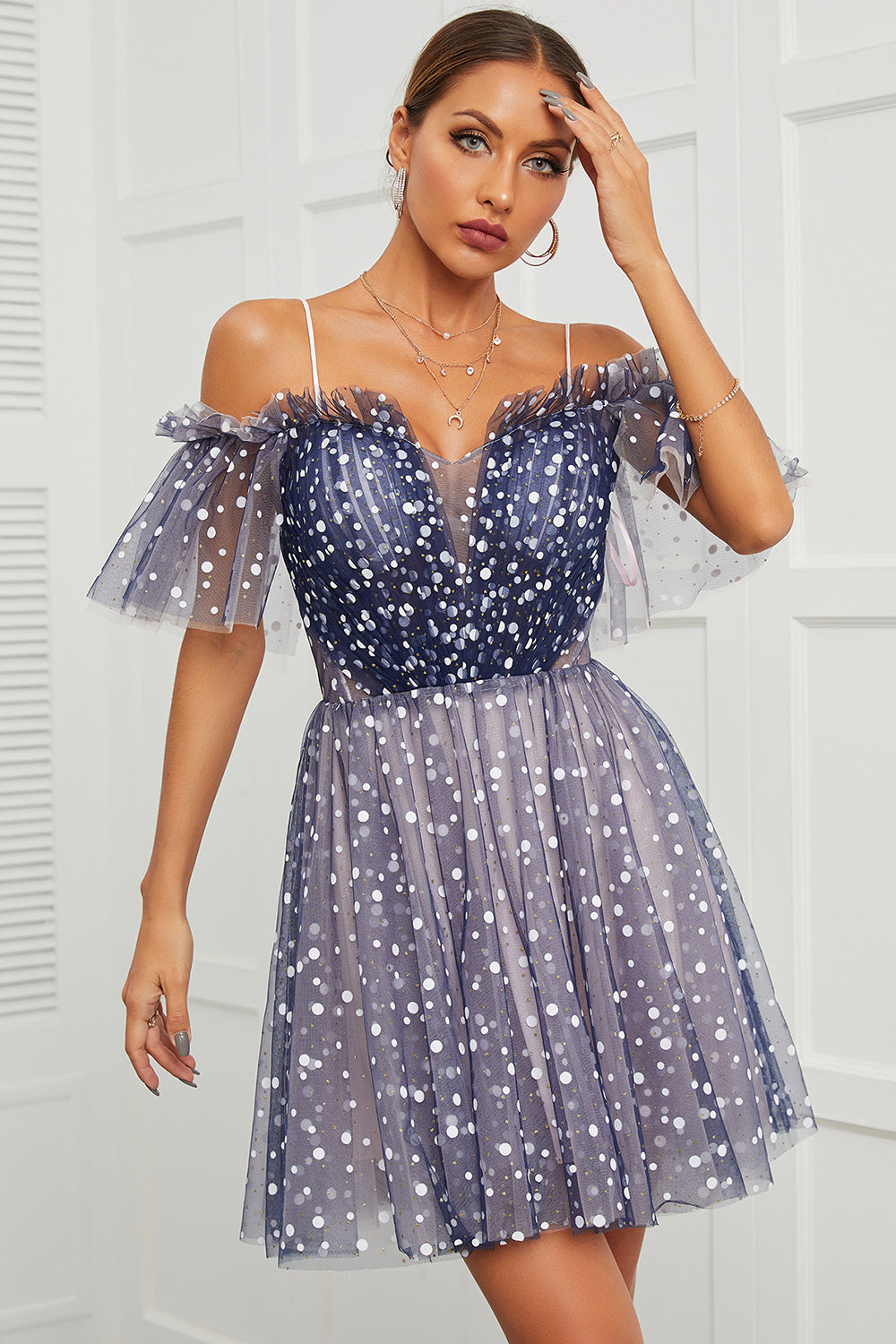 Marine Polka Dots Off Shoulder Cocktailkleid