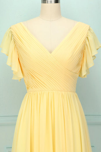 Gelbes V-Ausschnitt Langes Kleid