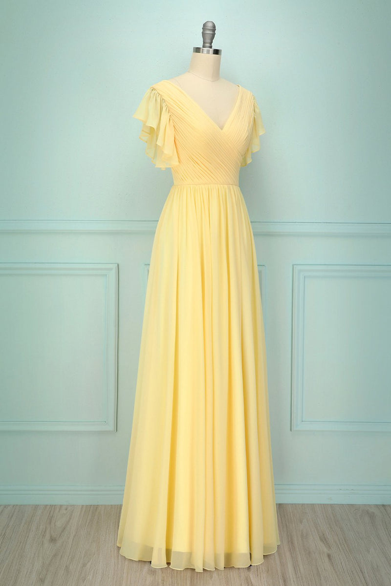 Laden Sie das Bild in den Galerie-Viewer, Gelbes V-Ausschnitt Langes Kleid